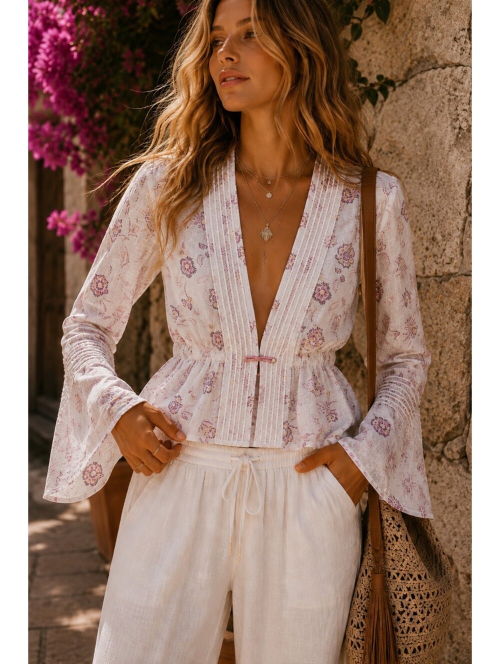 Vintage Onion Romantic Bohemian Sheer Floral Bell Sleeve Fairycore Y2K Blouse S